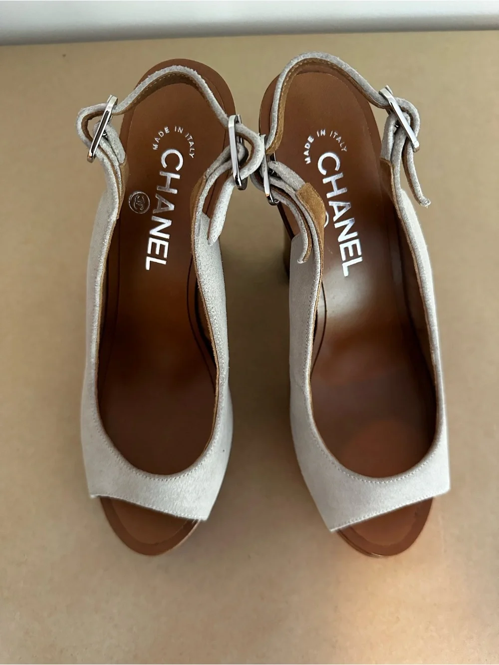 CHANEL Beige Nubuck Open-Toe Slingback Heels